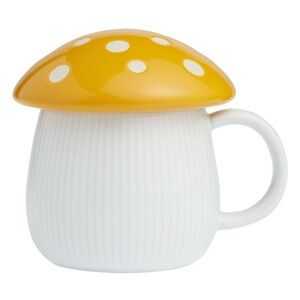 World Market Yellow & White Polka Dot Mushroom Lidded Ceramic Coffee Tea Cup Mug